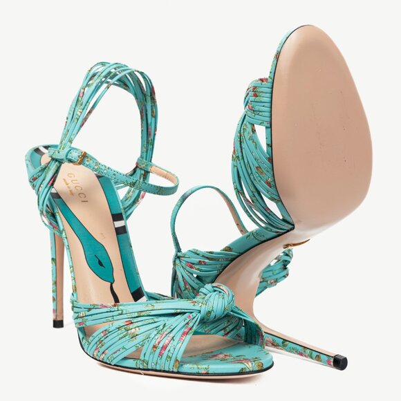 Gucci Allie Light-Blue Floral-Print Leather Knotted High-Heel Sandals - Picture 4 of 11